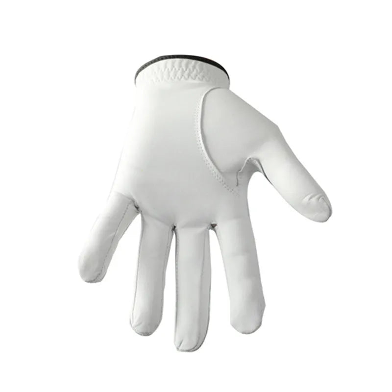 White men's golf glove made from half sheepskin material showing non-slip palm design