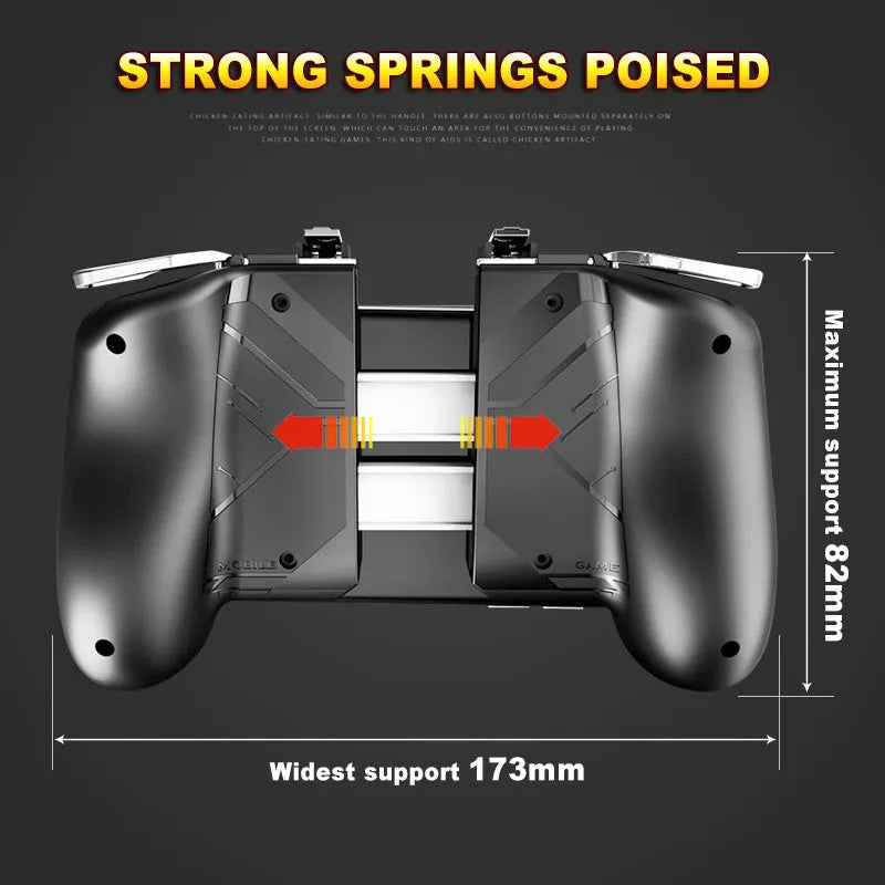 Multifunctional mobile game handle with extended grip holding smartphone, showing physical buttons and universal clip