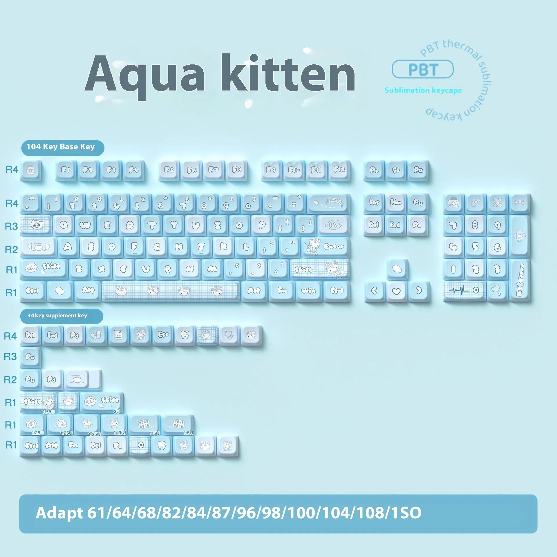 Watercolour cat design custom PBT keycap set for mechanical keyboards with 138 or 158 keys