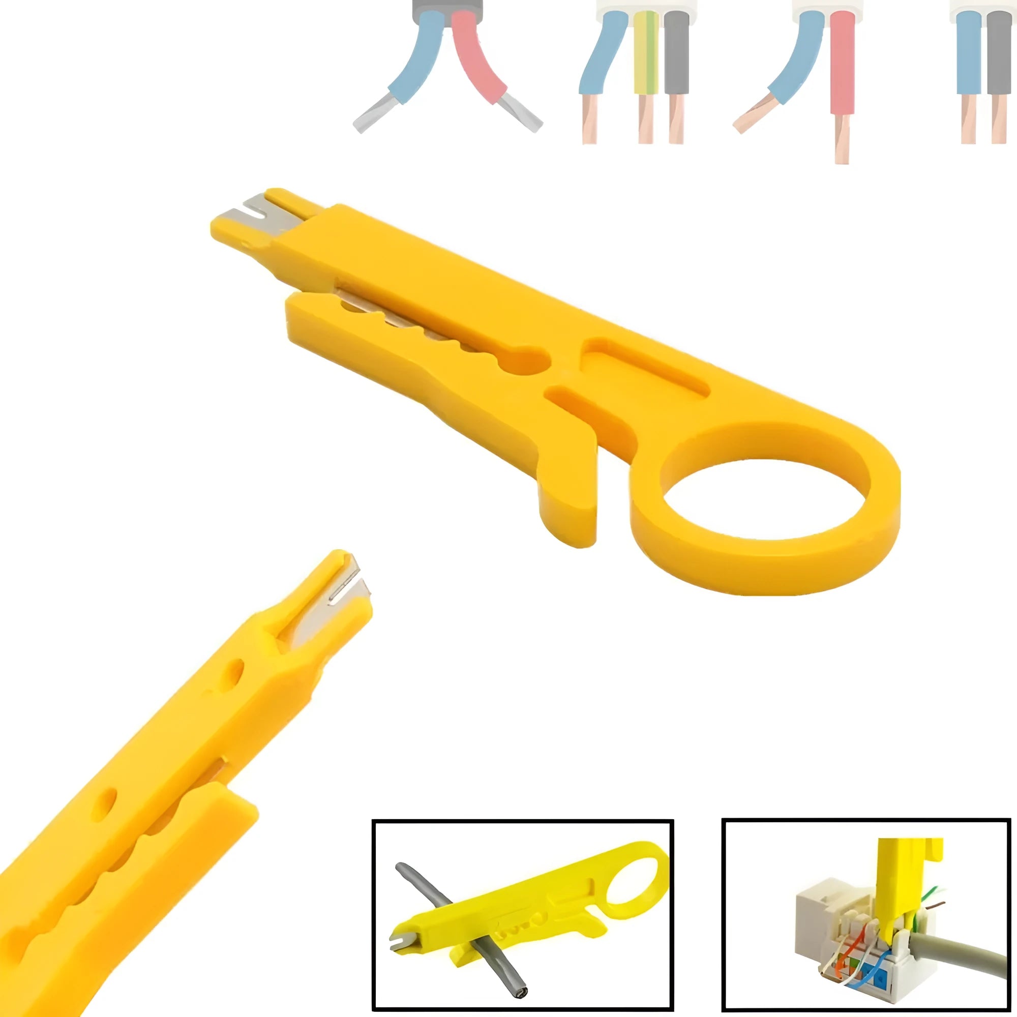 Yellow mini portable wire stripper tool with a metal blade for 0.6 mm cables.