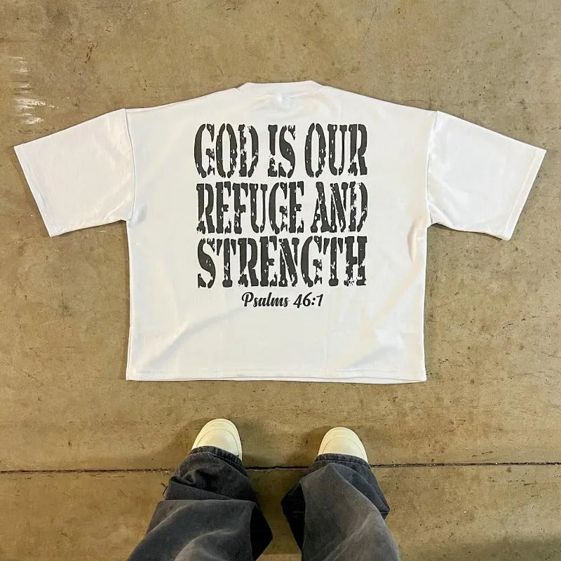 Men's printed cotton short sleeve t-shirt in retro street style with drop-shoulder sleeves.