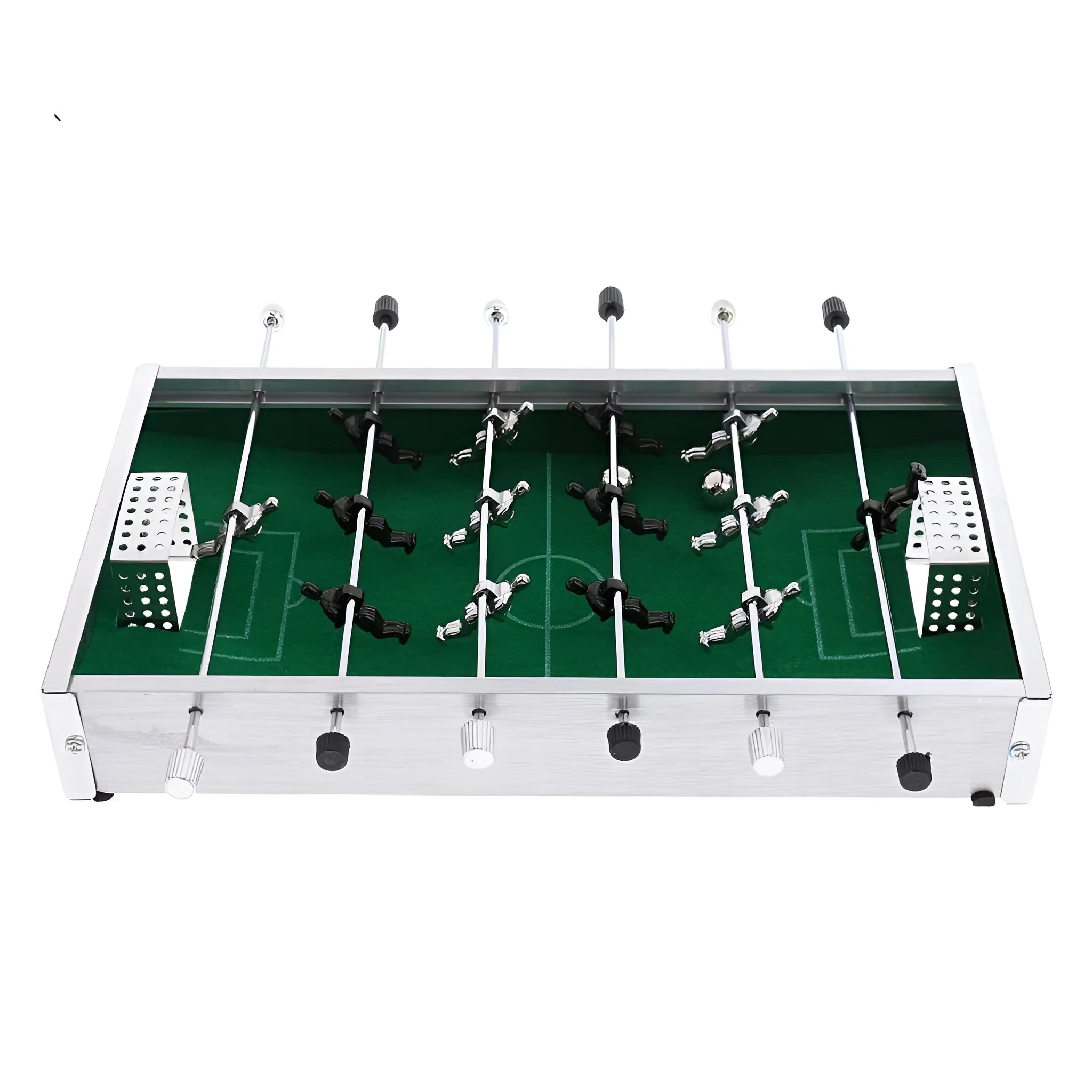 Mini foosball table in aluminium alloy with 14 players measuring 20.5 by 11.5 by 3 centimetres