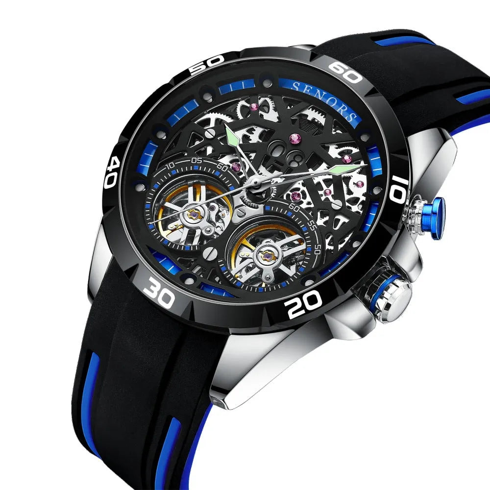 Automatic mechanical men's watch with luminous dial and hollow skeleton design in business style
