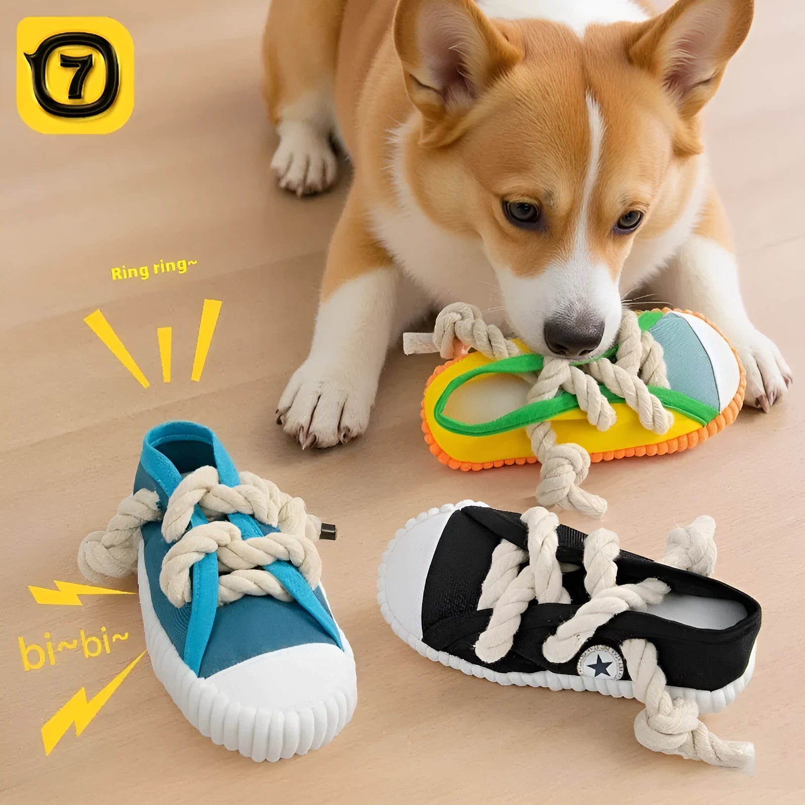 Plastic dog bite toy with bends in rock yellow, black, and sea fog blue colour options