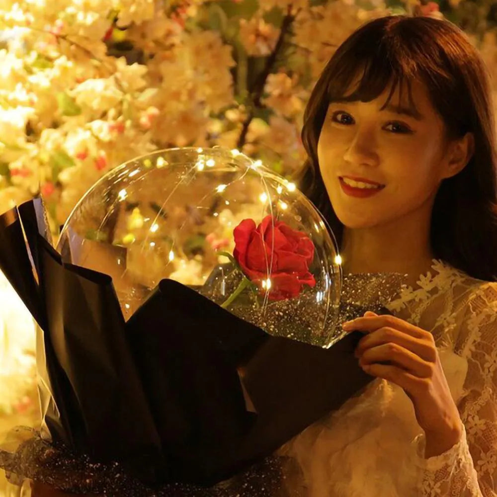 Transparent LED luminous DIY balloon rose bouquet with integrated lights for decoration.