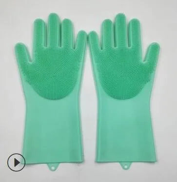 Silicone cleaning gloves with textured scrubbing surface in assorted colours