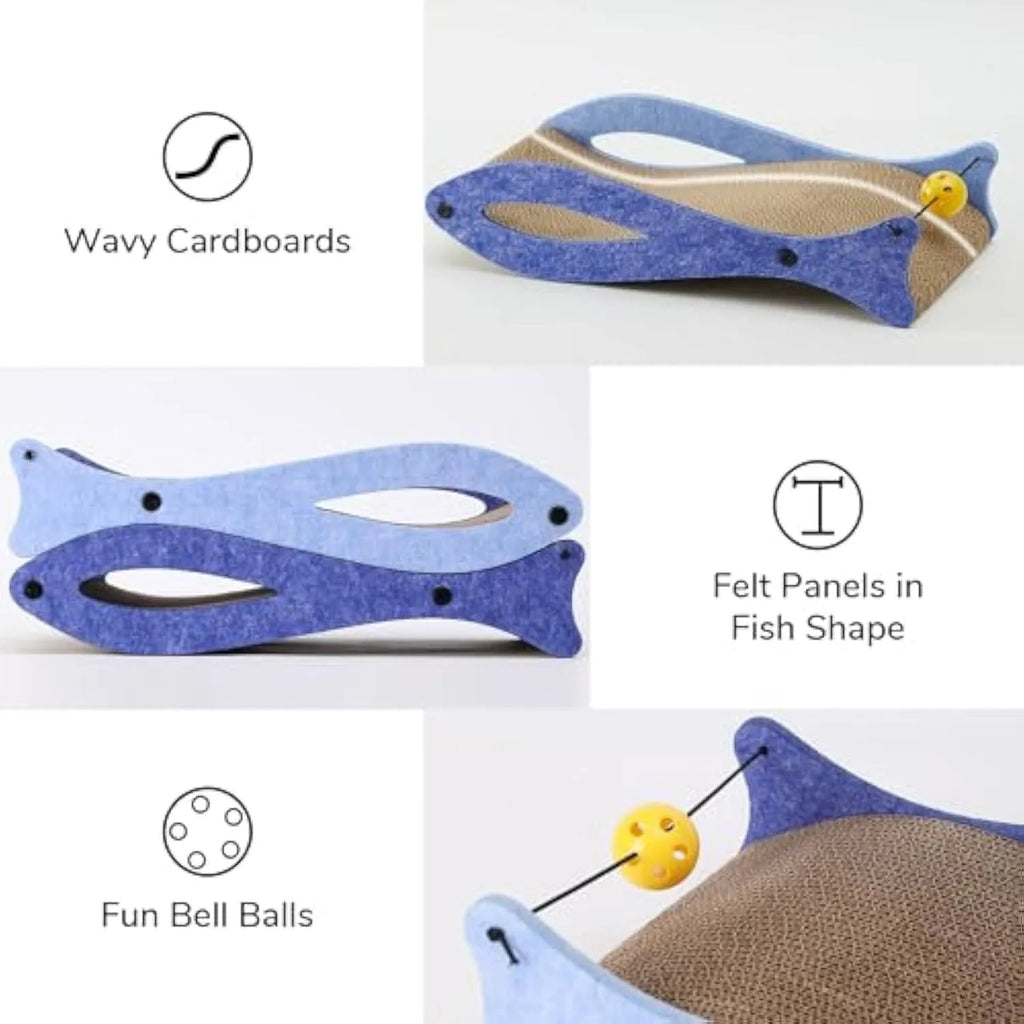 Blue fish-shaped cardboard cat scratcher lounge with bell ball toy for indoor cats