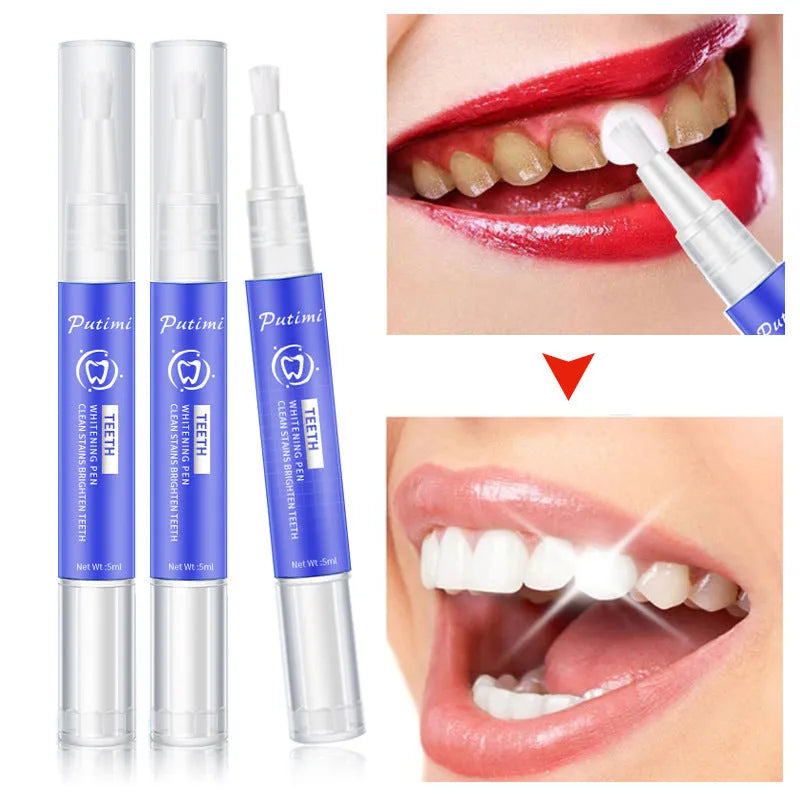 White teeth whitening pen with applicator tip on blue background