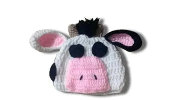 Hand knitted white baby cow suit with hat and pants set for newborns