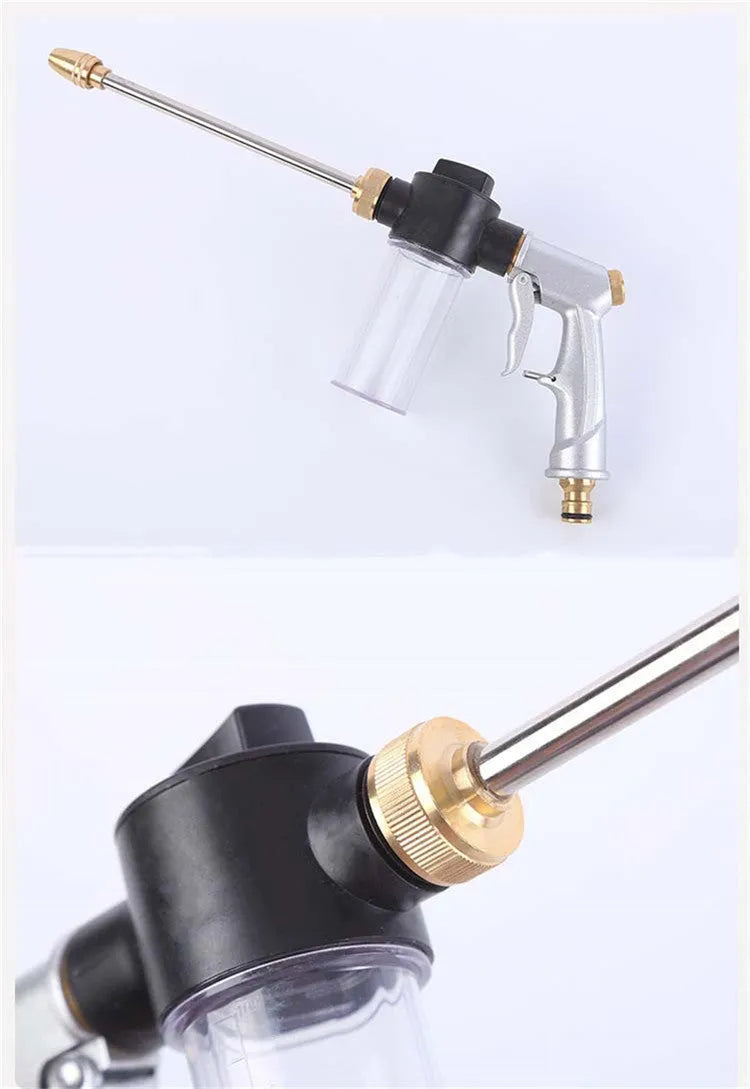 Gold high-pressure car wash water gun with copper head and aluminium alloy handle on a white background
