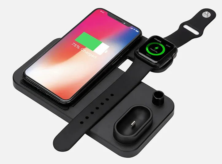 4-in-1 wireless charging station showing iPhone, Apple Watch, AirPods and Apple Pencil charging simultaneously on adjustable stand