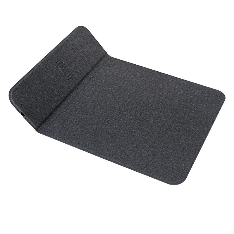 Foldable fabric phone holder with integrated 10W wireless charging pad shown open and closed.