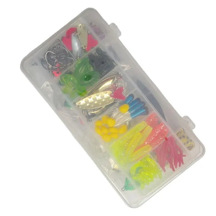 142-piece fishing lure kit with hard minnow lures, sequins, fishhooks, and metal fishing pliers laid out.