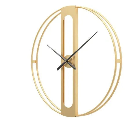 Round metal wall clock with 50cm diameter in black or gold colour on a wall.