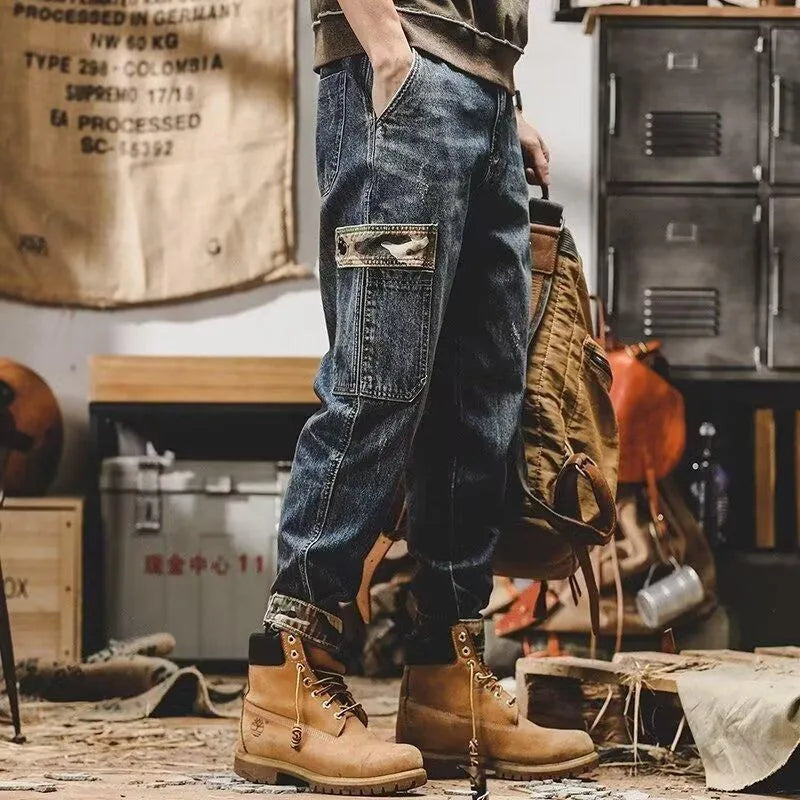 Blue heavy distressed cargo jeans for men, loose fit, mid waist, cotton denim, button fly