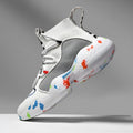 Men's camouflage pattern sneakers with mesh upper and vulcanised rubber sole on a white background.