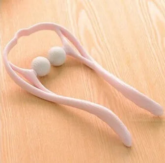 Blue plastic hand-held neck massager with adjustable rollers on a flexible stand.
