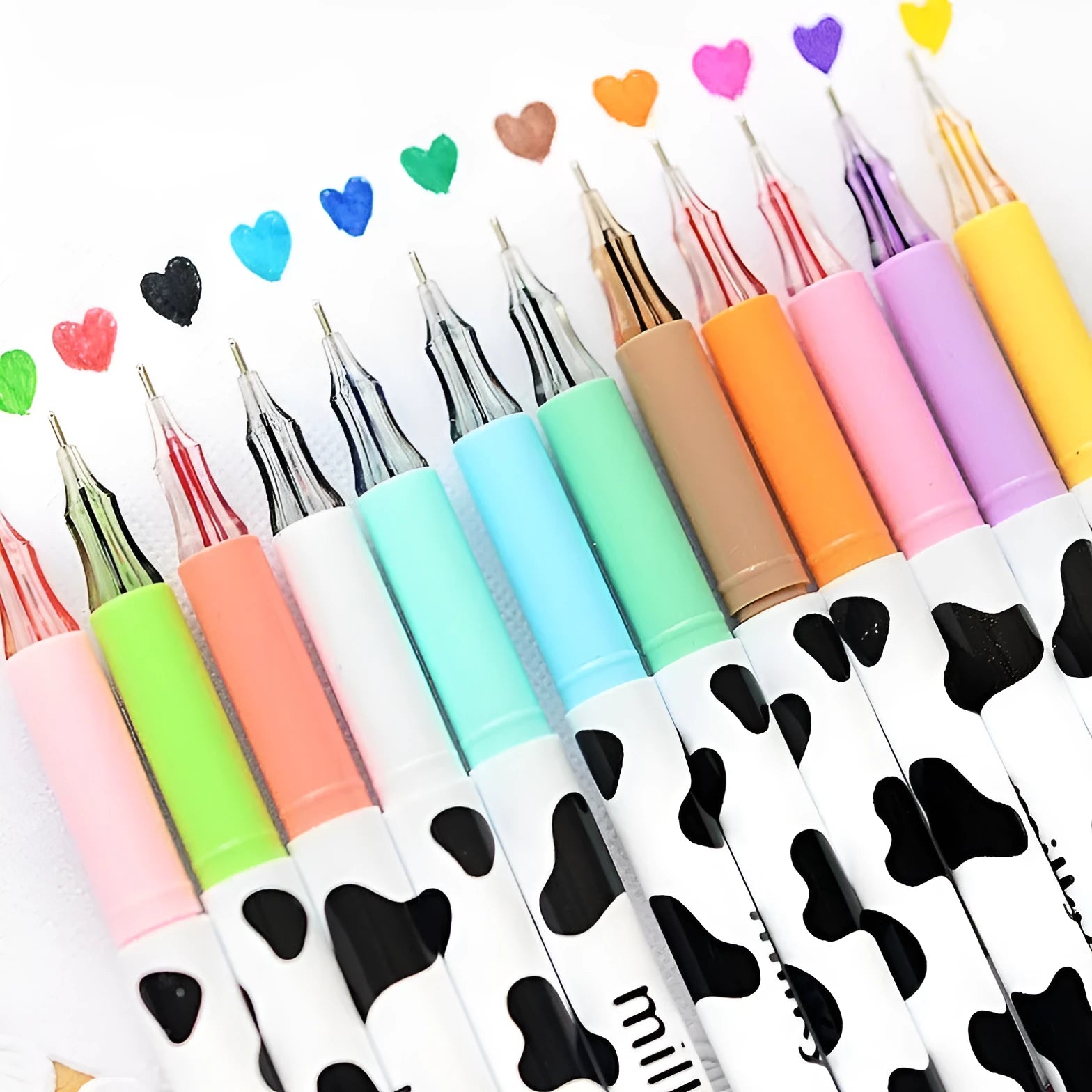 Cow print gel pen set showing 12 colours with 0.38mm fine tips