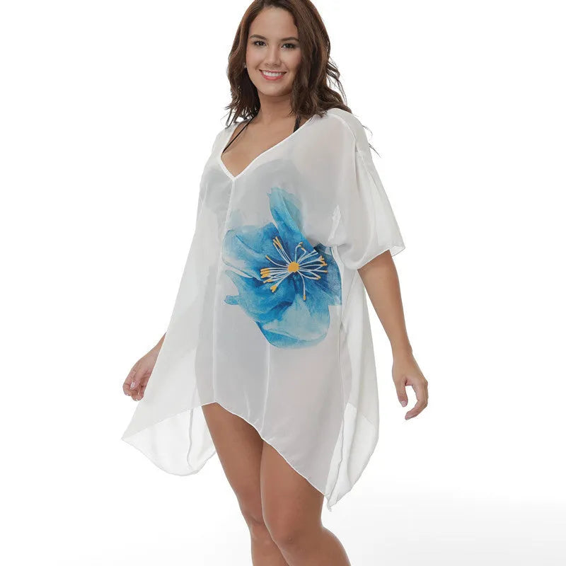 White plus size beach cover-up blouse loose fit polyester blend for swimming sun protection