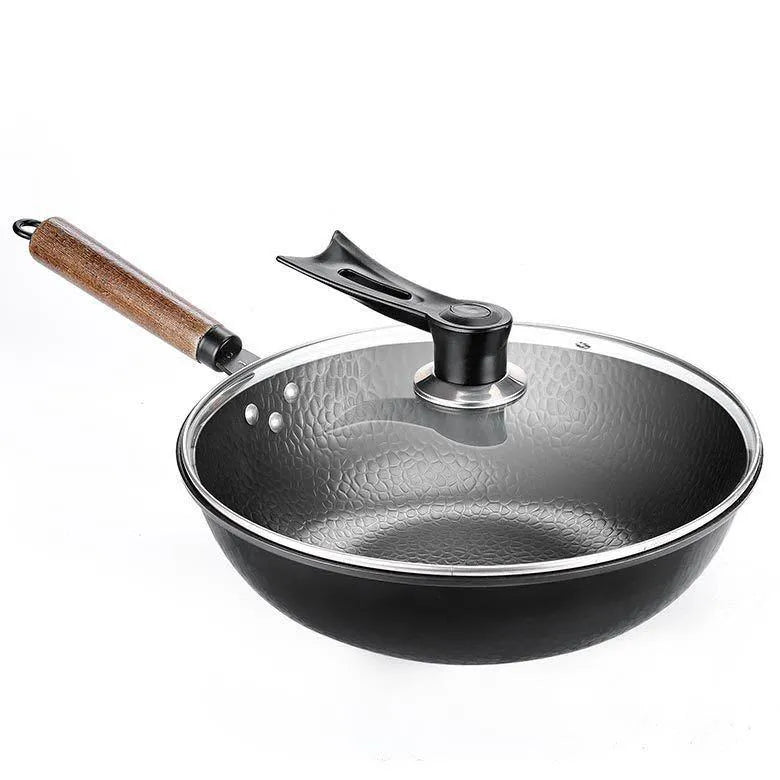 Traditional black iron wok pan with wooden handle and glass lid option