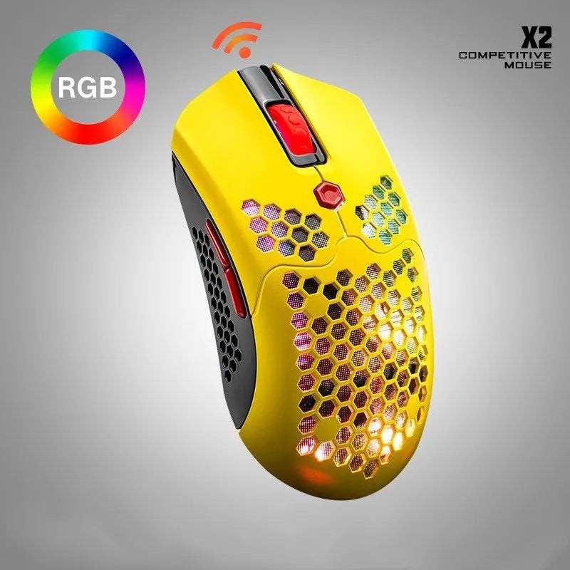 Free Wolf X2 wireless gaming mouse with RGB lighting shown in black, green, pink, white, and yellow colour variants.