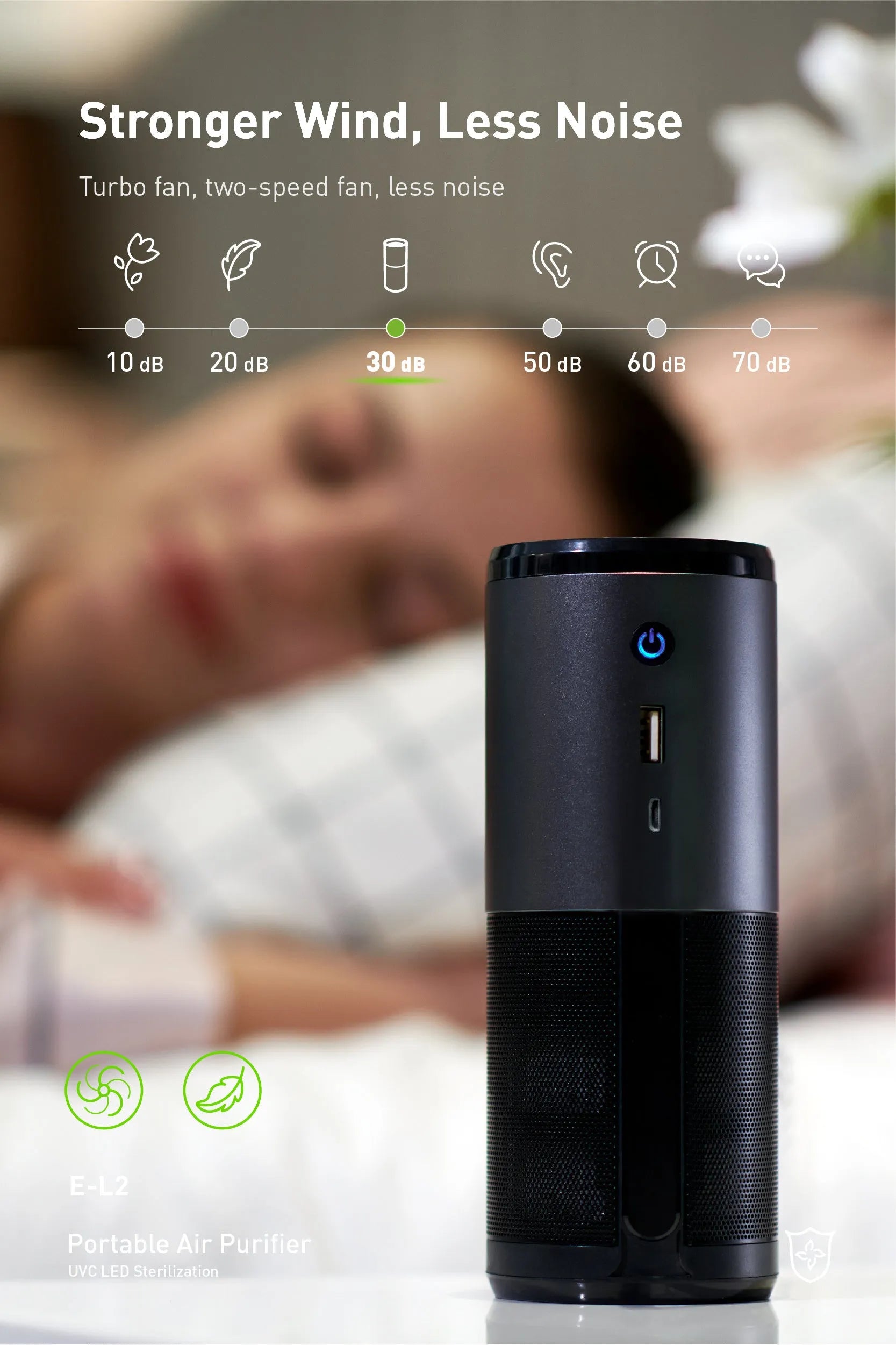 Black portable mini car air purifier with USB cable showing compact 6.2cm diameter design