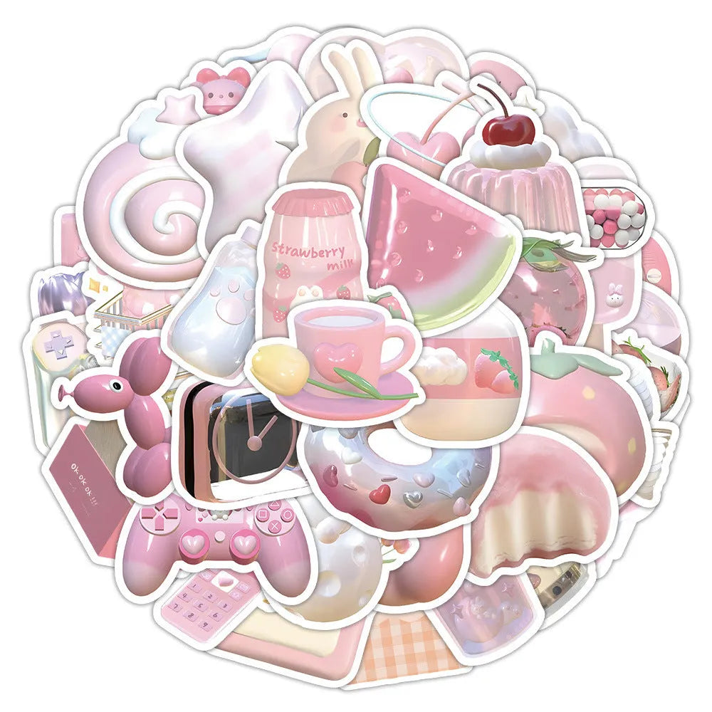 Pack of 63 pink heart-shaped 3D decorative stickers for crafts and laptop decoration.