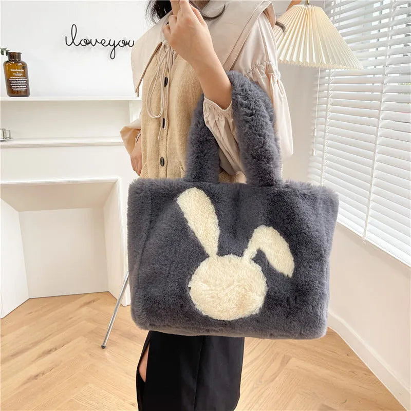 Cartoon rabbit ears plush shoulder bag in large tote style