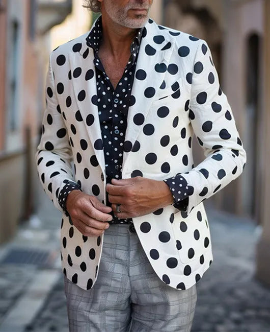 Men's British style slim fit suit jacket with two-button front and top-stitching pockets