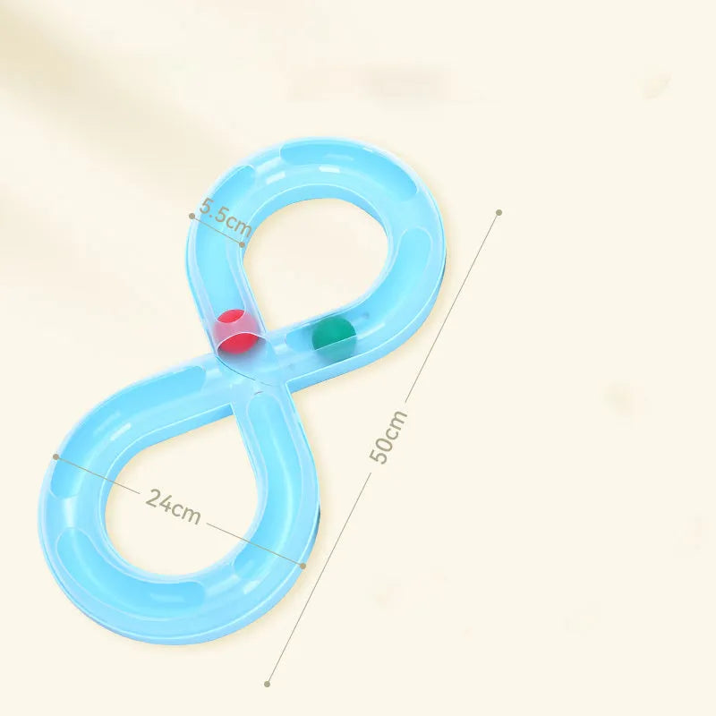Blue and white cat turntable track ball toy with teasing stick measuring 50cm wide