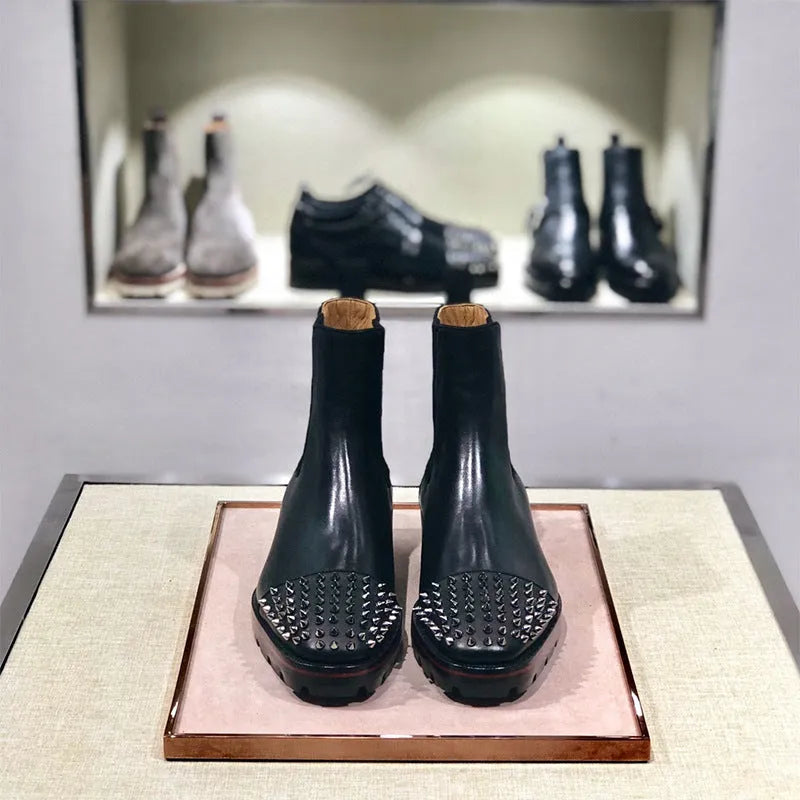 Men's black high-top leather business casual shoes with an oxford-inspired design and leather sole.