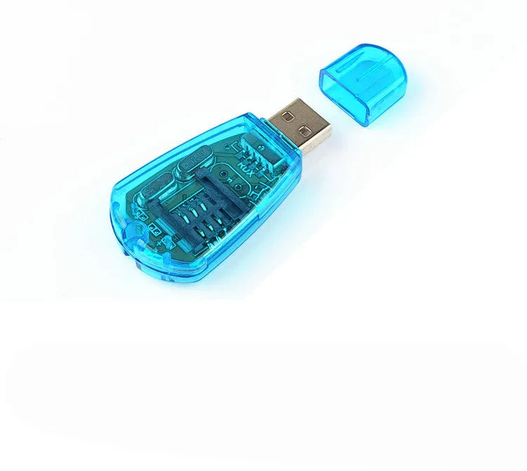 Blue external USB 2.0 SIM card reader for mobile phone data backup and transfer on a desk