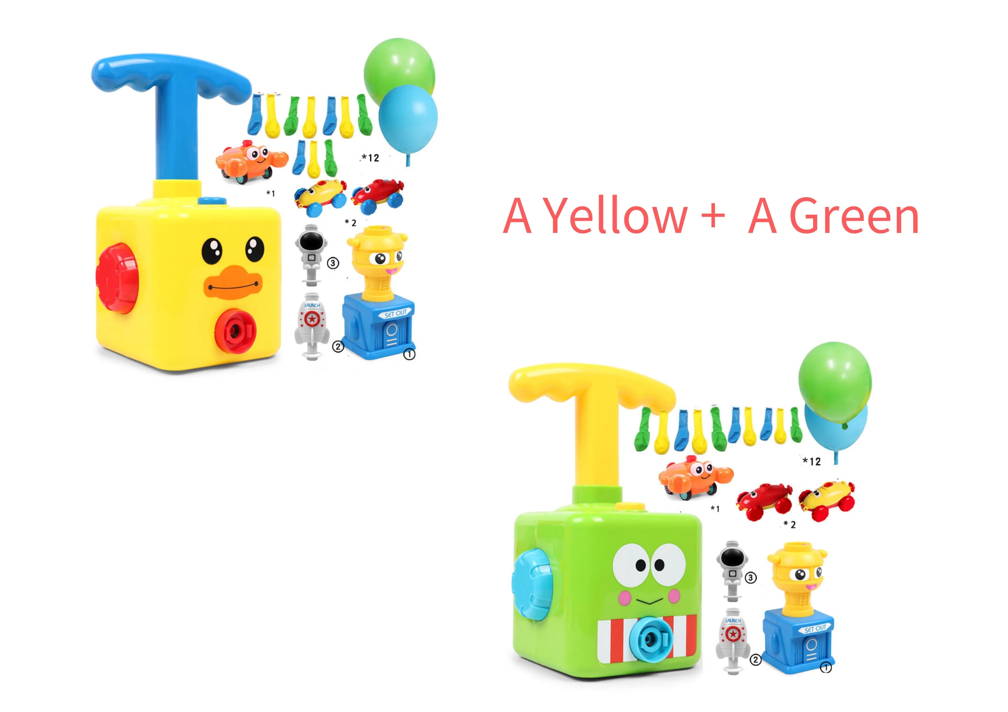 Balloon launch tower toy car with inflated balloon on a white surface