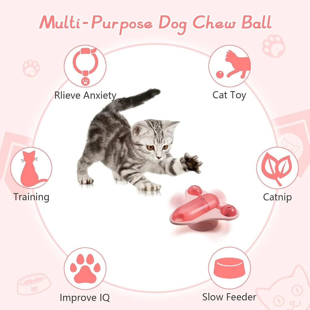 Blue interactive pet puzzle feeder with bell, catnip, and snack compartment on a suction cup base