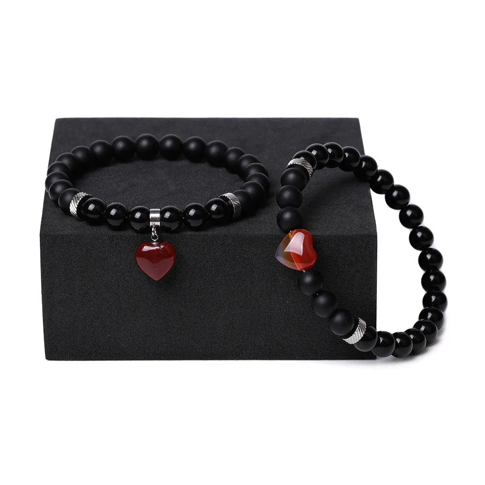 Natural stone couple matching bracelets with geometric heart design in eight colour variations