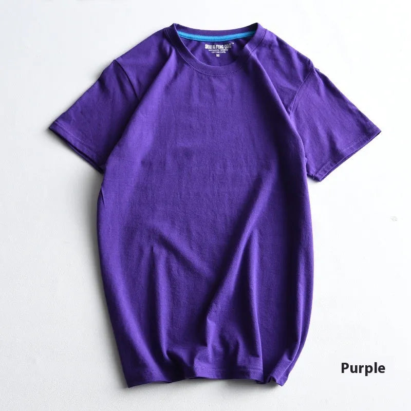 Men's solid colour cotton round neck t-shirt on hanger showing short sleeve design