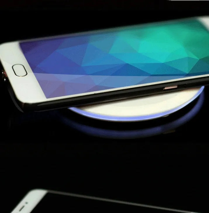 Ultra-thin wireless charger pad in black with LED indicator light and USB cable