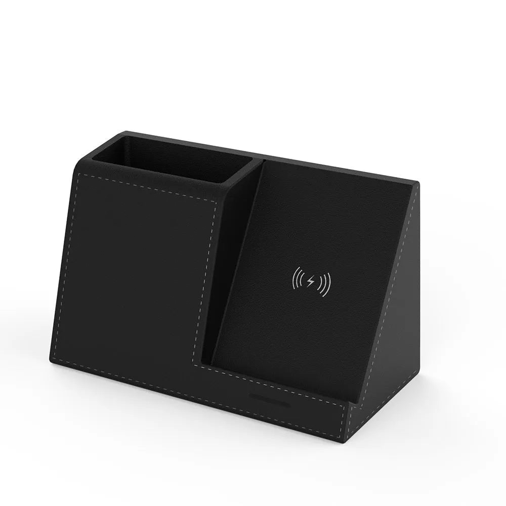 Leather wireless charging station with pen holder organiser for desk phone charging
