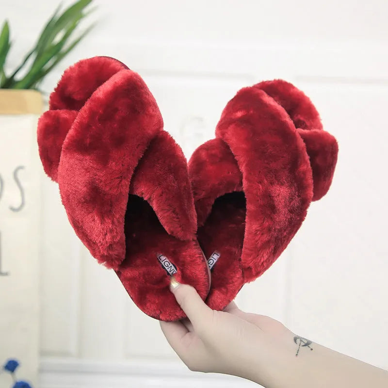 Cross open-toe fur slippers in black on a patterned non-slip sole