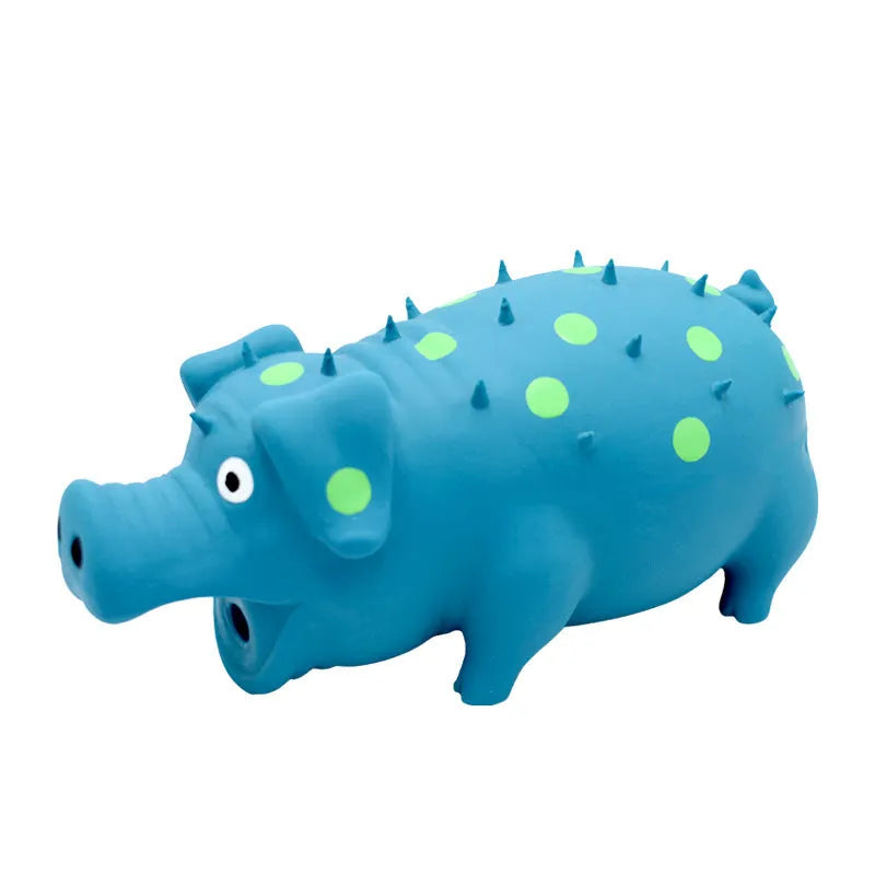 Blue latex pig-shaped dog chew toy with textured surface and squeaker