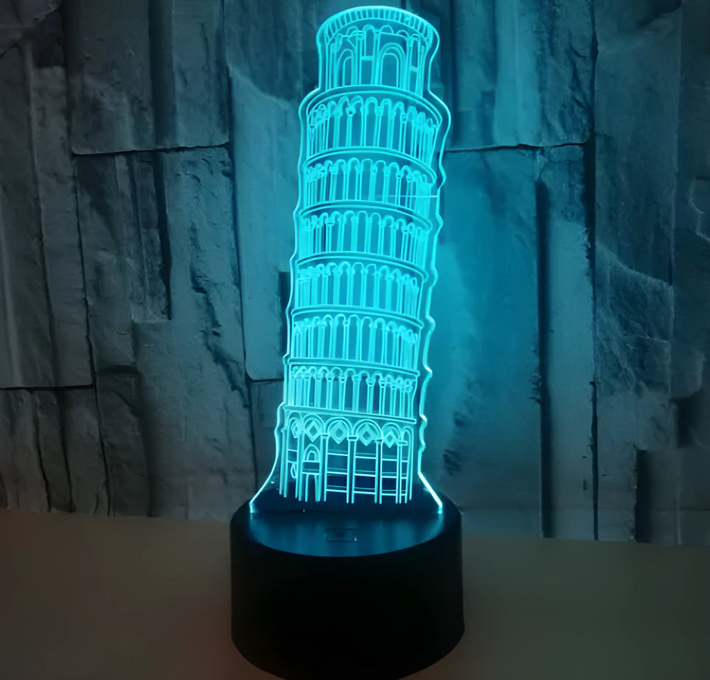 Leaning Tower of Pisa 3D acrylic nightlight glowing in blue on a black ABS base