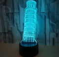Leaning Tower of Pisa 3D acrylic nightlight glowing in blue on a black ABS base