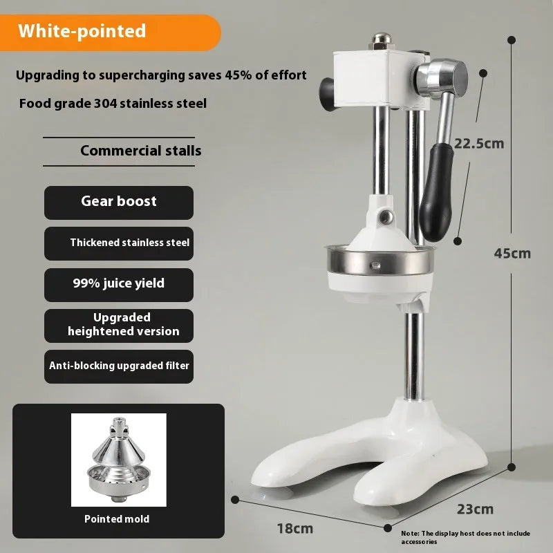 Vertical stainless steel manual juicer with zinc alloy base in choice of colours with pointed, flat or double head options