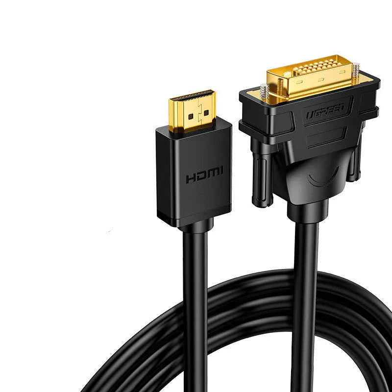 USB to HDMI adapter cable on a desk next to a laptop, showing the green packaging and different length options