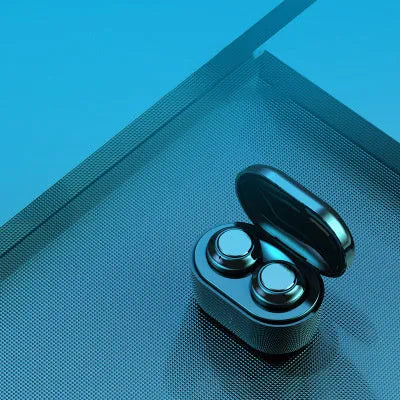 Black stereo Bluetooth headset with earplug design featuring Bluetooth 5.0 and 10-metre wireless range