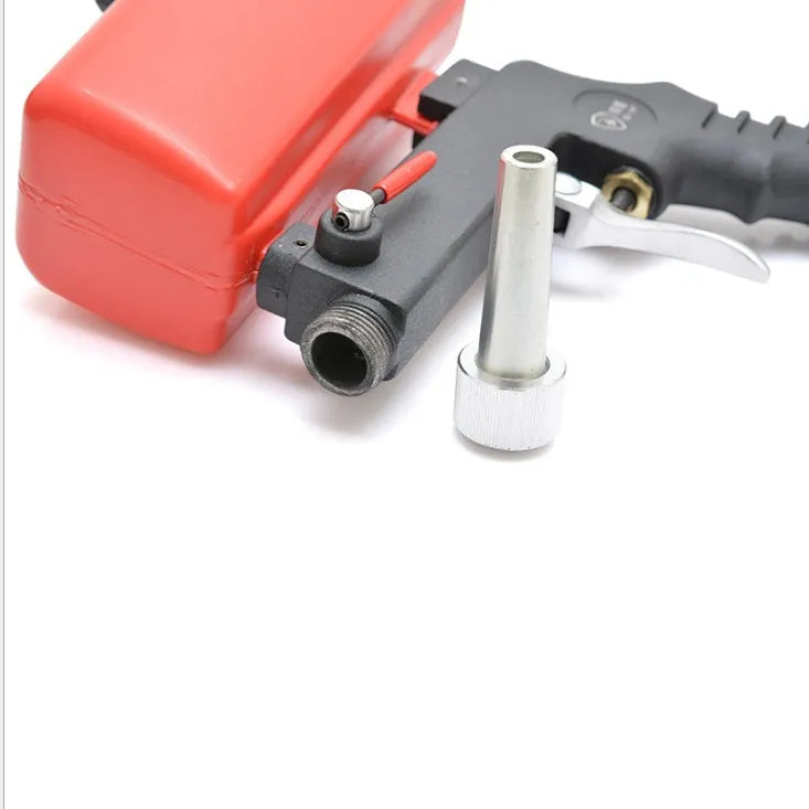 Portable blue pneumatic sandblasting gun with top-mounted tank for rust removal and surface preparation.