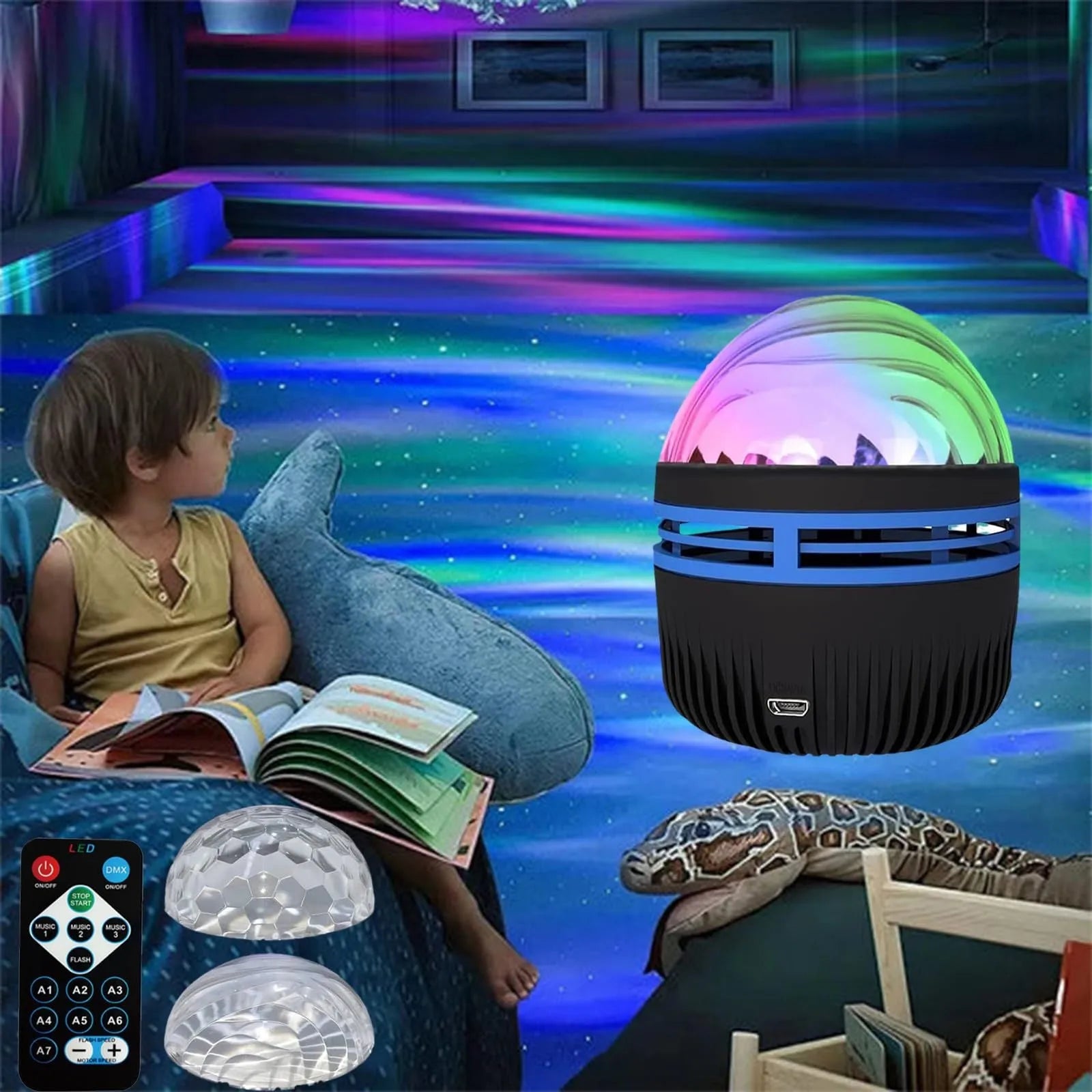 LED galaxy projector night light with rotating colourful stars, showing USB cable and removable acrylic shade.