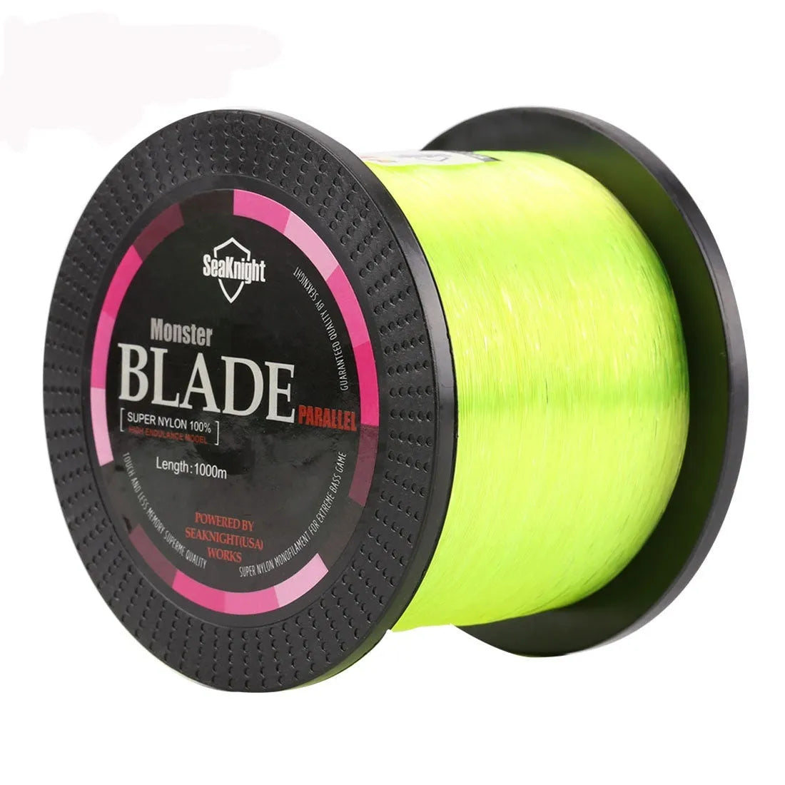 Roll of Seaknight 1000 M nylon monofilament fishing line showing colour and diameter size options.
