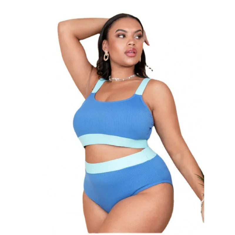 Women's high waist bikini swimsuit with split sides and stitching detail in a solid colour.