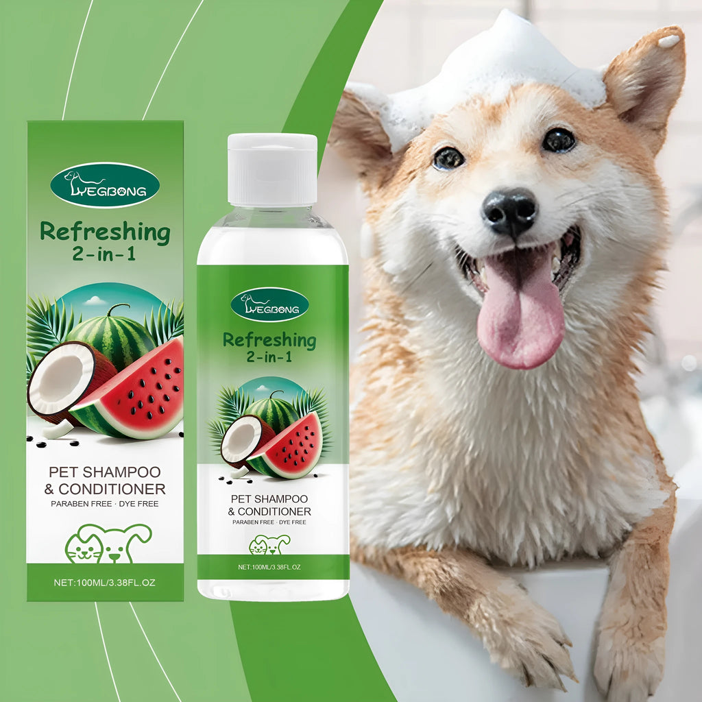 100ml bottle of 2-in-1 pet shampoo and fragrance shower gel for dogs and cats.
